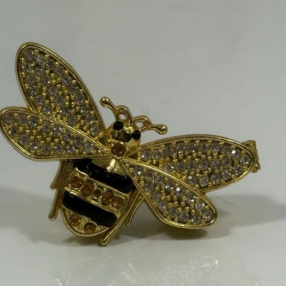 Bee Jeweled Gold Tone Trinket Box Rhinestones